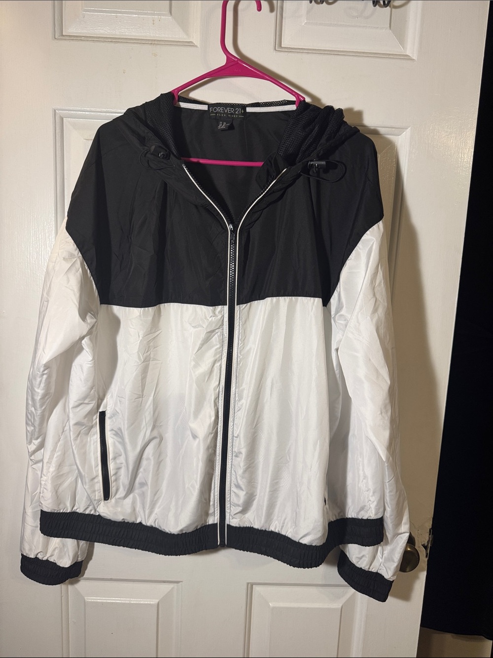 Forever 21 Black & White Hooded Colorblock Bomber Windbreaker Jacket (Plus Size)